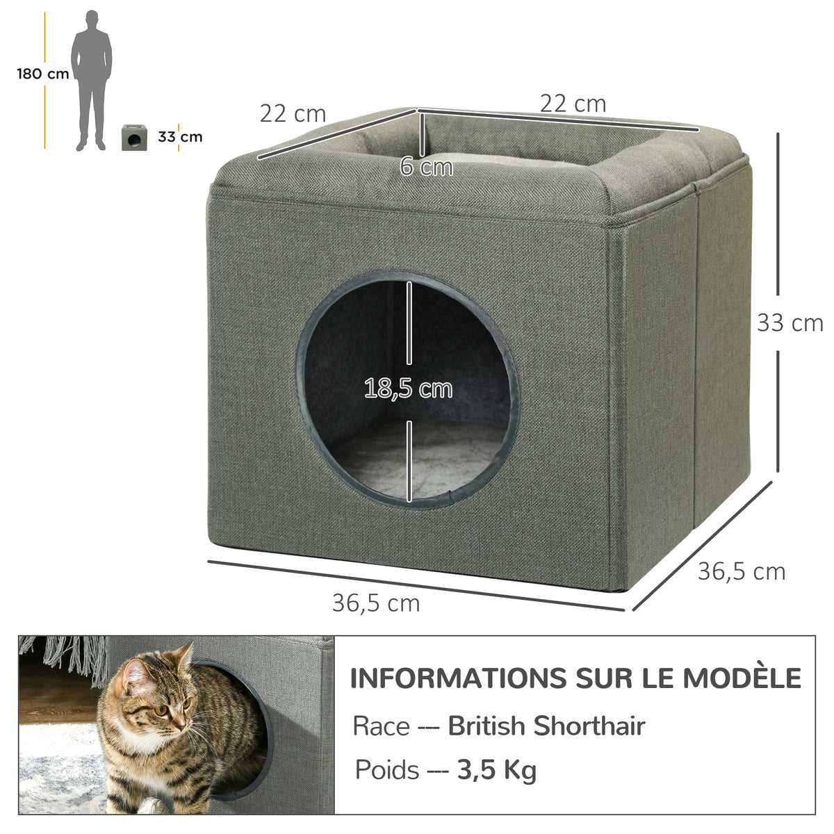 Niche voor kat met 2 niveaus en zacht pluche kussen - 36,5 x 36,5 x 33 cm grijs