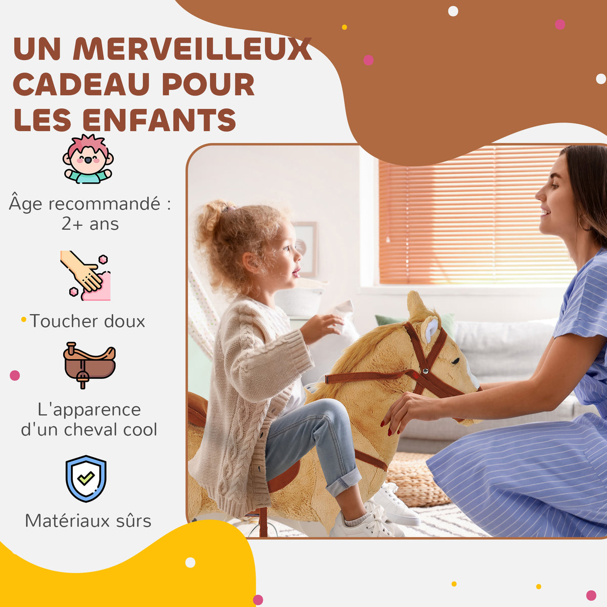 Staand pluche paard voor kinderen vanaf 2 jaar met geluidseffecten, zadel en hoofdstel, 85 cm (lengte), beige