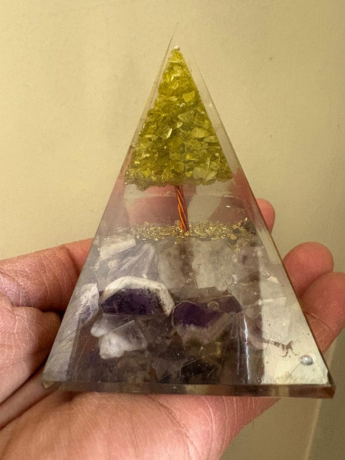 Amethyst with Peridot Tree of Life Orgonite Pyramid