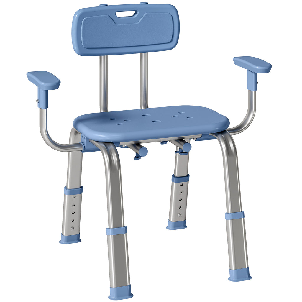 Douchekruk douchestoel ergonomisch met armleuningen, rugleuning, in hoogte verstelbaar en verstelbare zitting, blauw