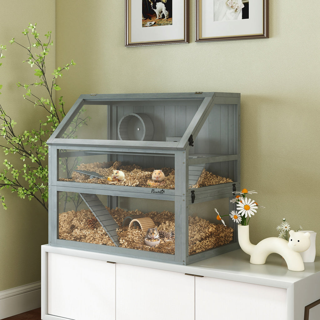 Cage Hamster Rongeur à 3 Niveaux, Base Amovible Profonde, Cabane, Balançoire, 80x50x76cm Gris Clair