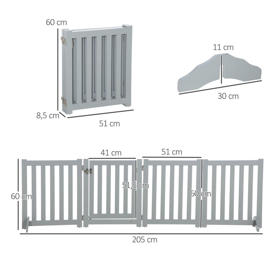 Barrière de Sécurité Chien Pliable Double Face en Bois, 4 Panneaux avec Porte, Pieds de Support, 205 x 60 cm, Gris
