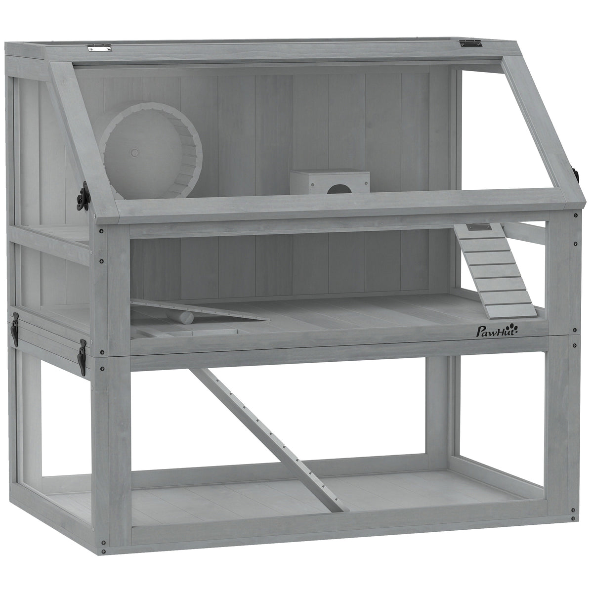Cage Hamster Rongeur à 3 Niveaux, Base Amovible Profonde, Cabane, Balançoire, 80x50x76cm Gris Clair