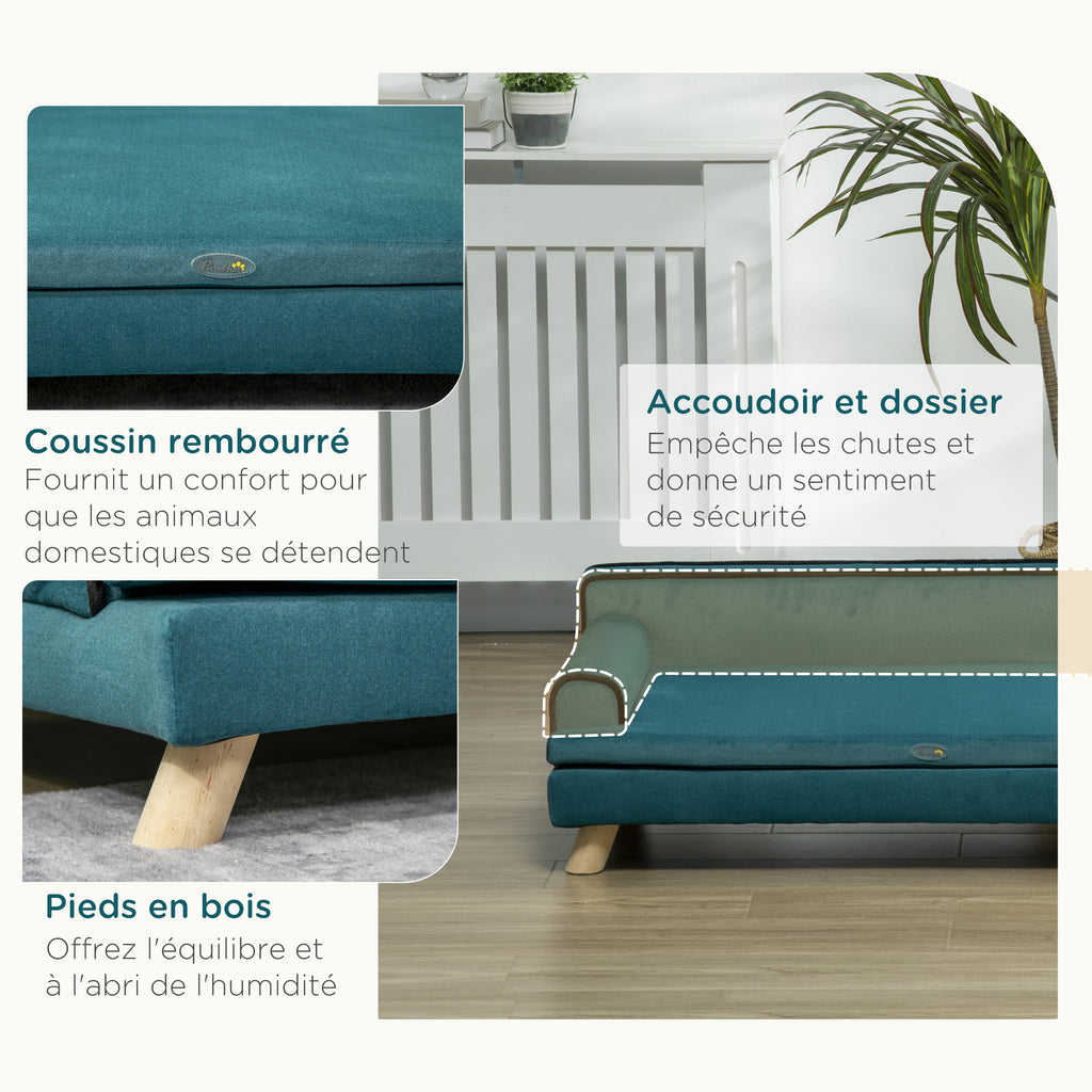 Design Scandinavisch honden- en kattenbankje, zacht uitneembaar kussen, poten van massief hout, 100 x 62 x 32 cm, eendeblauw