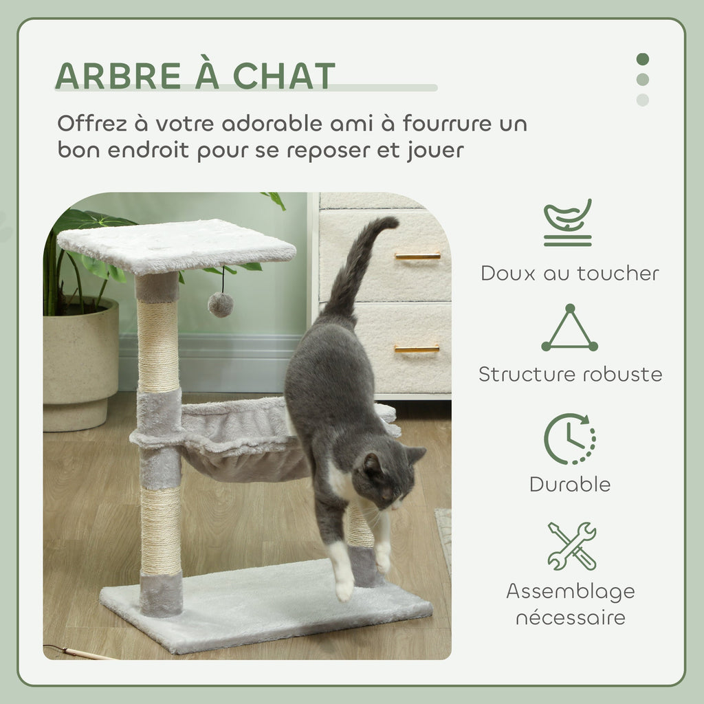 Arbre à chat 3 griffoirs grattoirs sisal naturel plateforme hamac et boule suspendue 50 x 26 x 70 cm peluche courte gris - Alma Nova Care