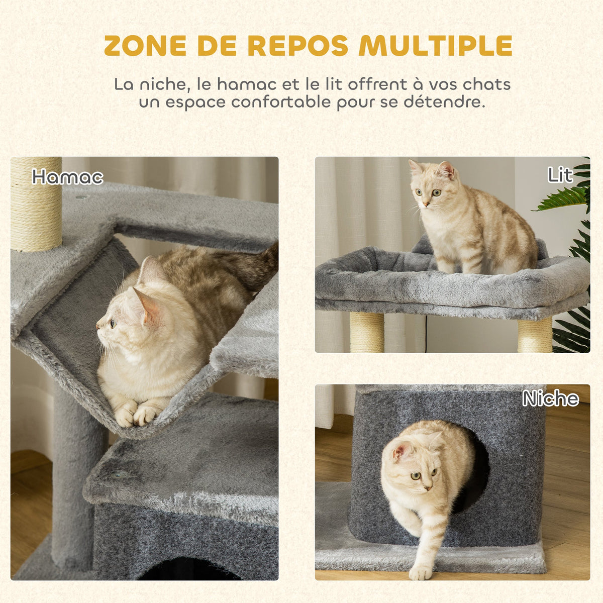 Arbre à chat avec griffoir, en tissu peluche, tour de jeux pour chat, lit, niche, hamac, plateforme 48 x 48 x 90 cm gris - Alma Nova Care