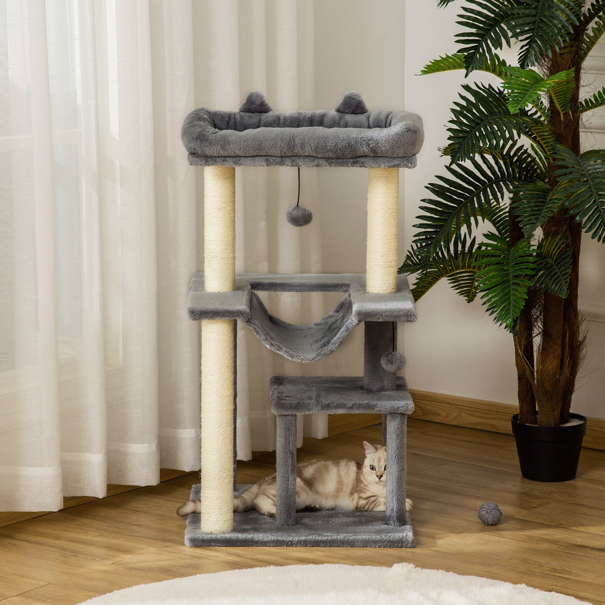 Arbre à chat avec griffoir, en tissu peluche, tour de jeux pour chat, lit, niche, hamac, plateforme 48 x 48 x 90 cm gris - Alma Nova Care