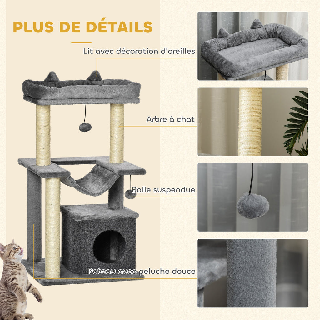 Arbre à chat avec griffoir, en tissu peluche, tour de jeux pour chat, lit, niche, hamac, plateforme 48 x 48 x 90 cm gris - Alma Nova Care