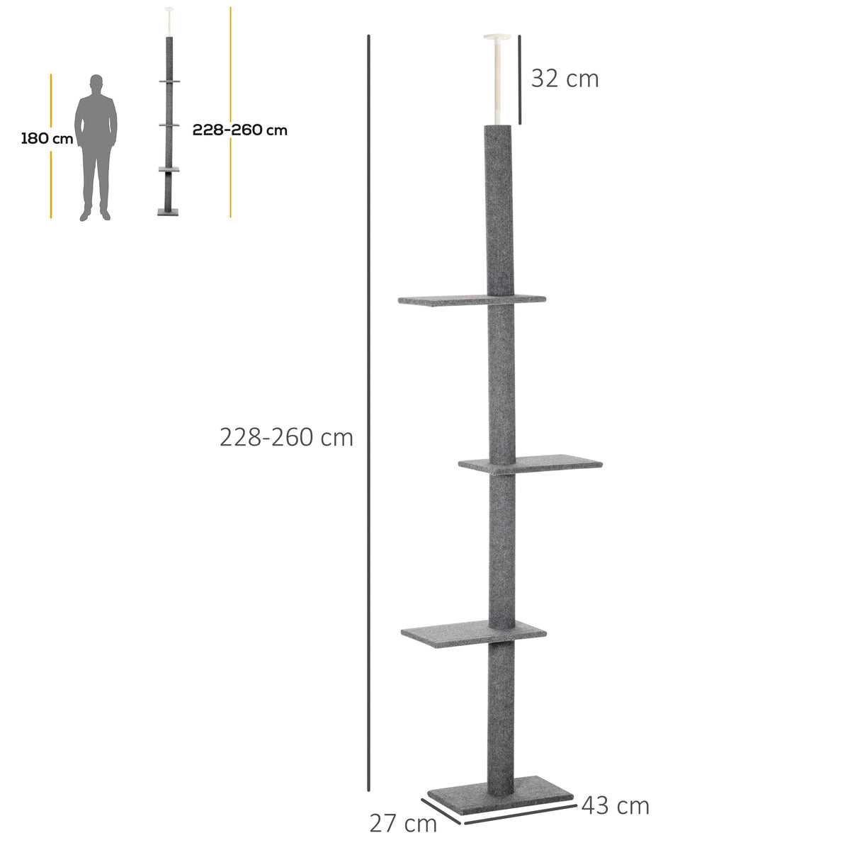 Arbre à chat du sol au plafond poteau à griffer hauteur réglable dim. 43L x 27I x 228-260H cm 4 niveaux d'activités gris - Alma Nova Care