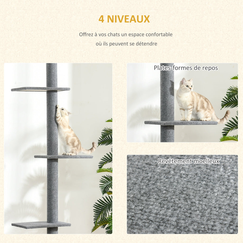 Arbre à chat du sol au plafond poteau à griffer hauteur réglable dim. 43L x 27I x 228-260H cm 4 niveaux d'activités gris - Alma Nova Care