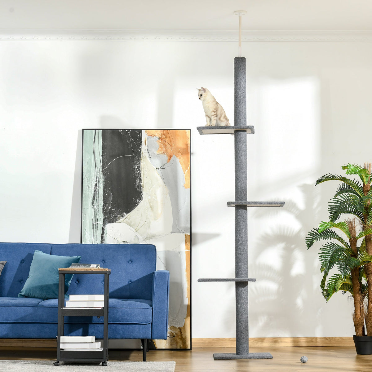 Arbre à chat du sol au plafond poteau à griffer hauteur réglable dim. 43L x 27I x 228-260H cm 4 niveaux d'activités gris - Alma Nova Care