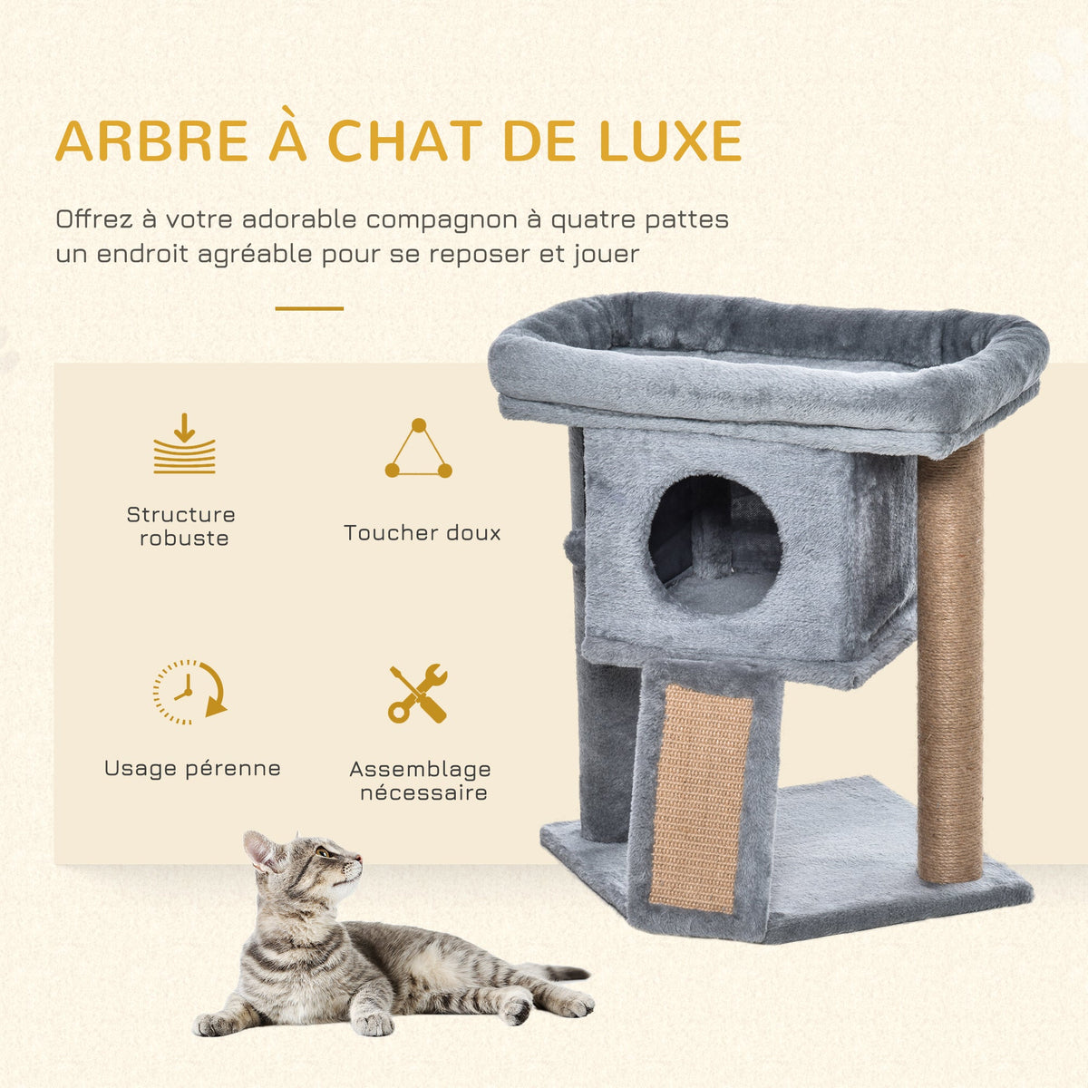 Arbre à chat hauteur de 57 cm avec griffoir en jute, niche, plateforme et balle de jeu, en tissu peluche gris clair - Alma Nova Care