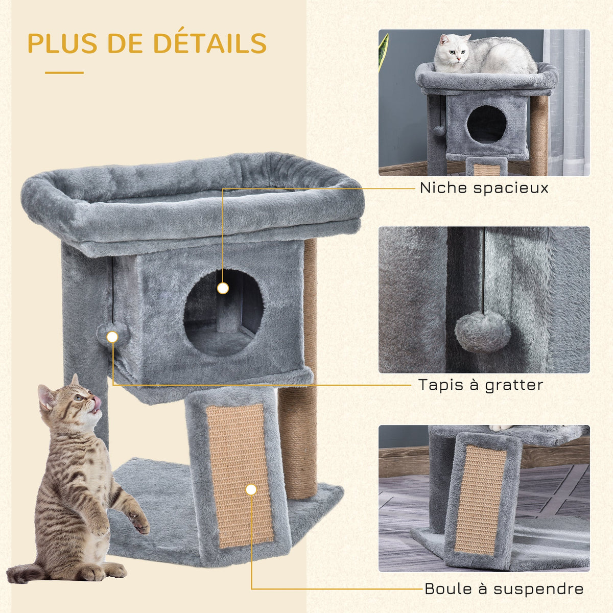 Arbre à chat hauteur de 57 cm avec griffoir en jute, niche, plateforme et balle de jeu, en tissu peluche gris clair - Alma Nova Care