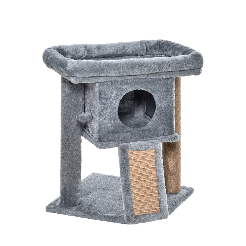 Arbre à chat hauteur de 57 cm avec griffoir en jute, niche, plateforme et balle de jeu, en tissu peluche gris clair - Alma Nova Care