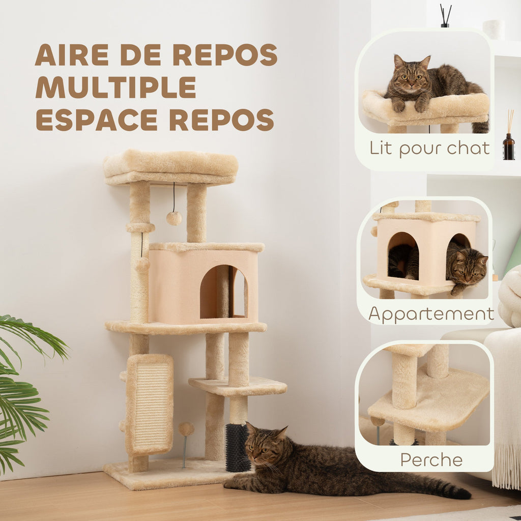 Arbre à Chat, Tour de Jeux, Hauteur de 104 cm, avec Lit, Maison, Brosse de Toilettage, 44l x 34P x 104H cm, Beige - Alma Nova Care