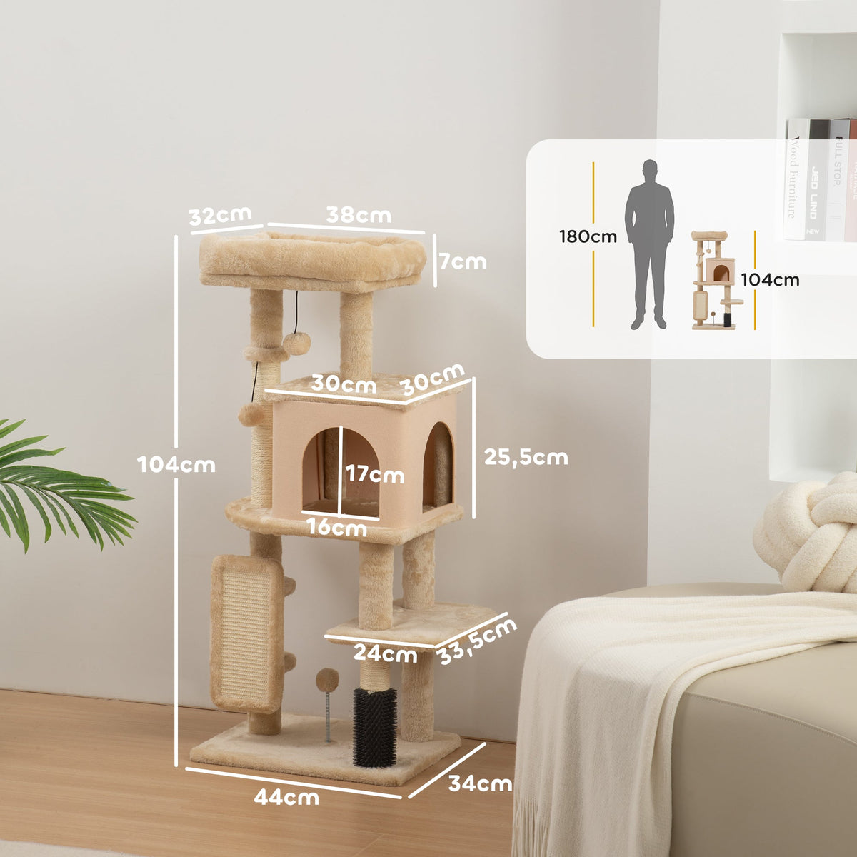 Arbre à Chat, Tour de Jeux, Hauteur de 104 cm, avec Lit, Maison, Brosse de Toilettage, 44l x 34P x 104H cm, Beige - Alma Nova Care
