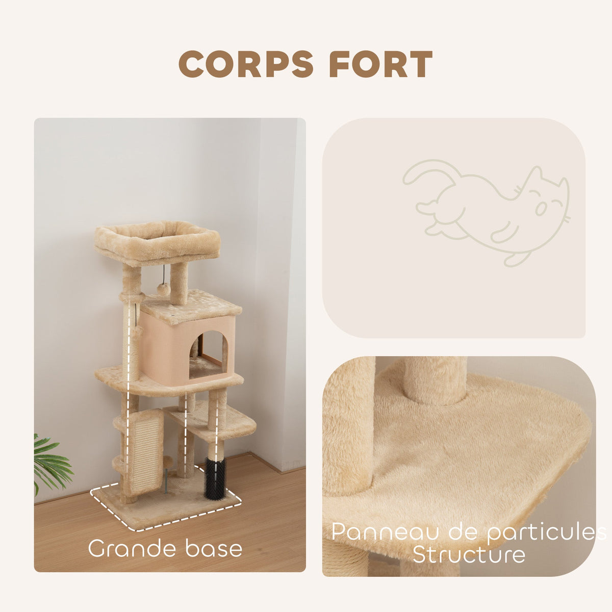 Arbre à Chat, Tour de Jeux, Hauteur de 104 cm, avec Lit, Maison, Brosse de Toilettage, 44l x 34P x 104H cm, Beige - Alma Nova Care