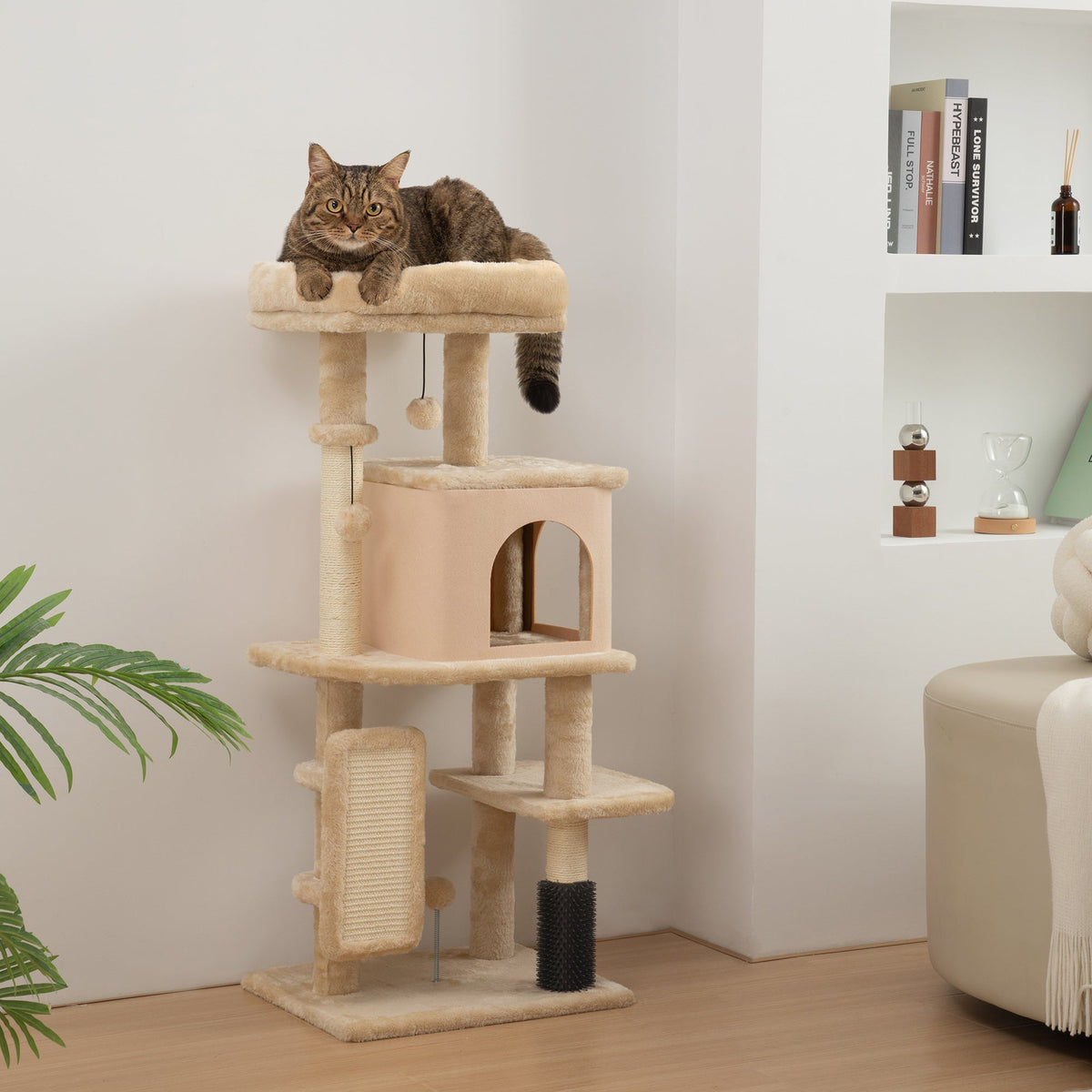 Arbre à Chat, Tour de Jeux, Hauteur de 104 cm, avec Lit, Maison, Brosse de Toilettage, 44l x 34P x 104H cm, Beige - Alma Nova Care
