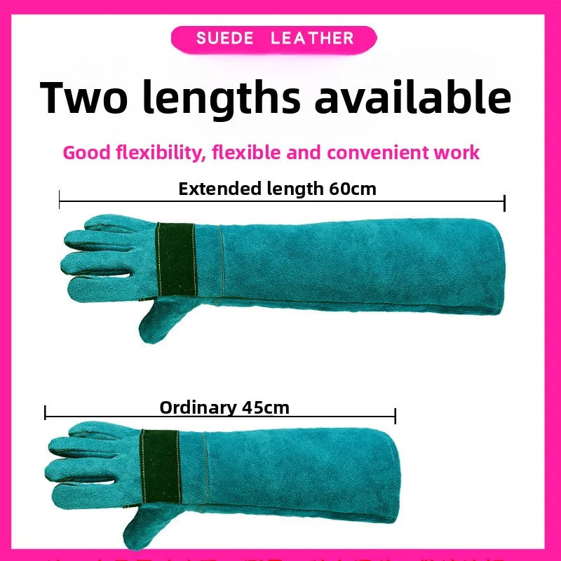 Ultra-lange beschermende handschoenen van leer voor huisdieren, groen, voor een goede grip, anti-bijt, bescherming tegen bijten door honden, katten, reptielen en andere dieren