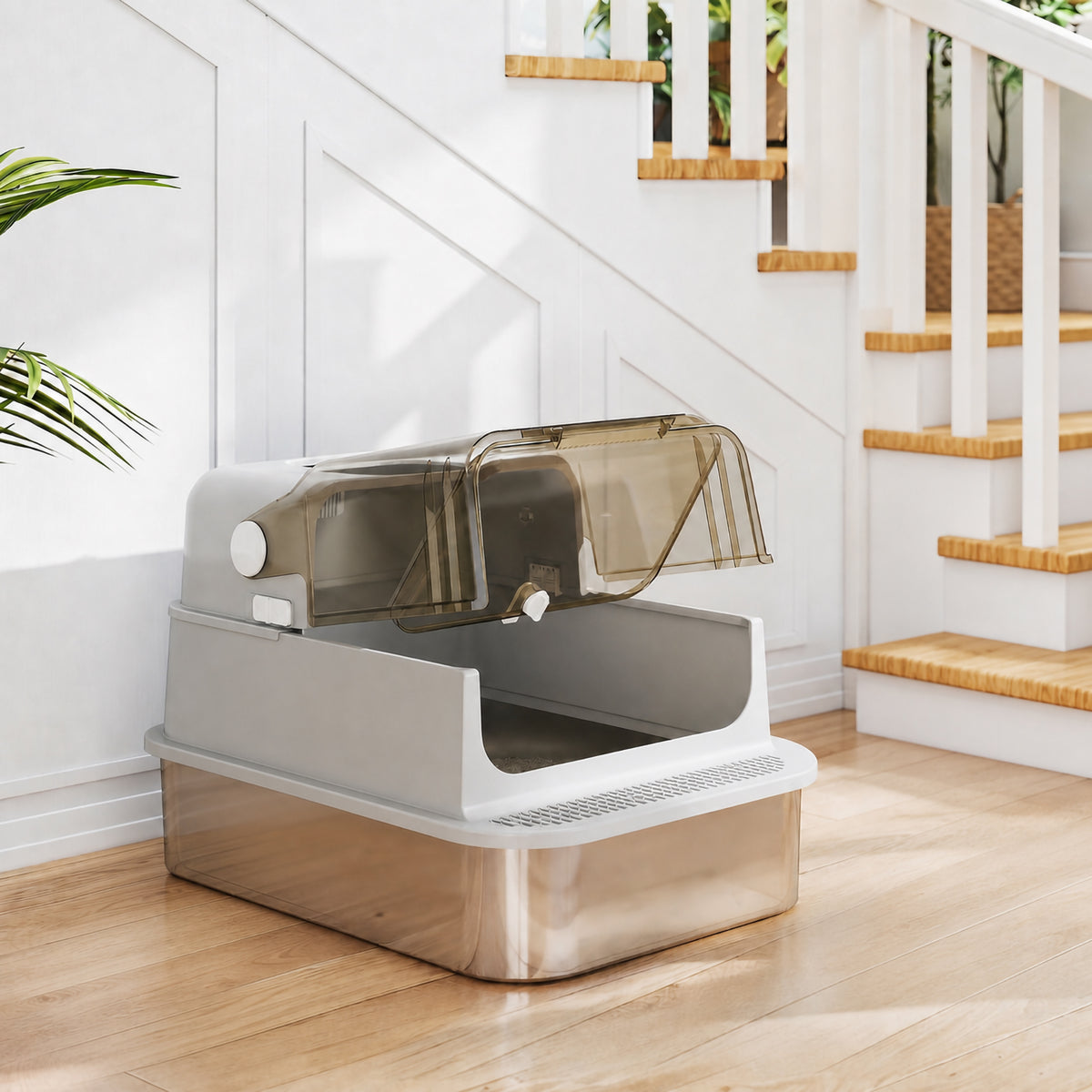 XXL Roestvrijstalen Kattentoilet, 90° Deksel, Dubbele Deur, Frontfilter, Schepje, 70x50x46,5cm, Grijs