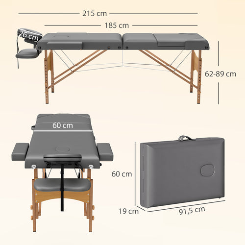 Table de massage pliante, lit de massage 3 zones portable 185 x 60 cm, hauteur et dossier réglables, appui-tête, gris