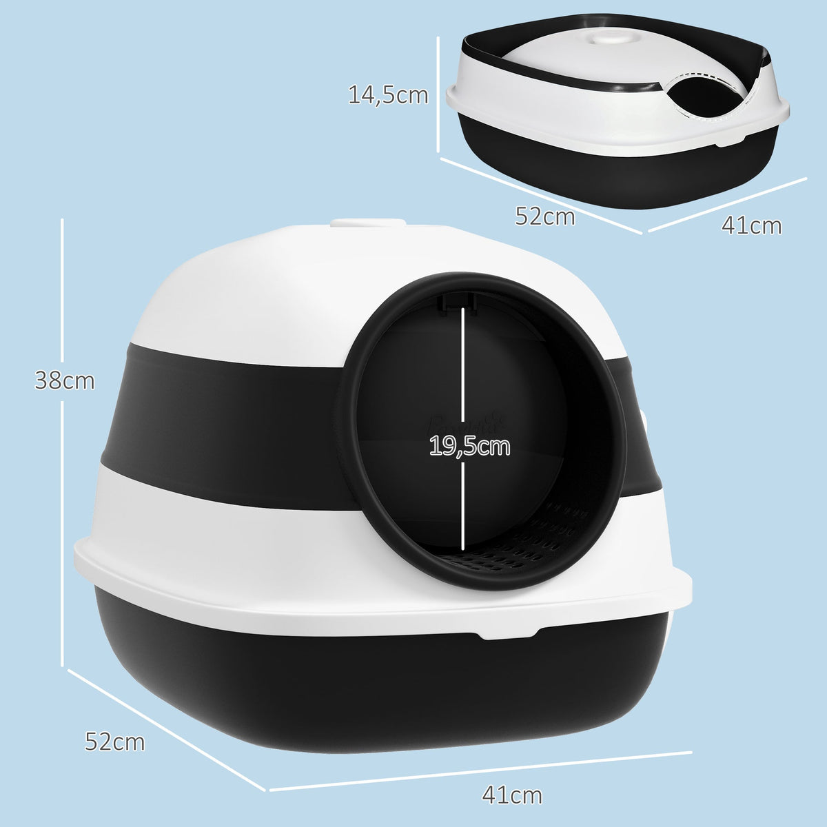 bac à litière pour chat pliable porte battante lucarne + pelle fournis noir blanc - Alma Nova Care