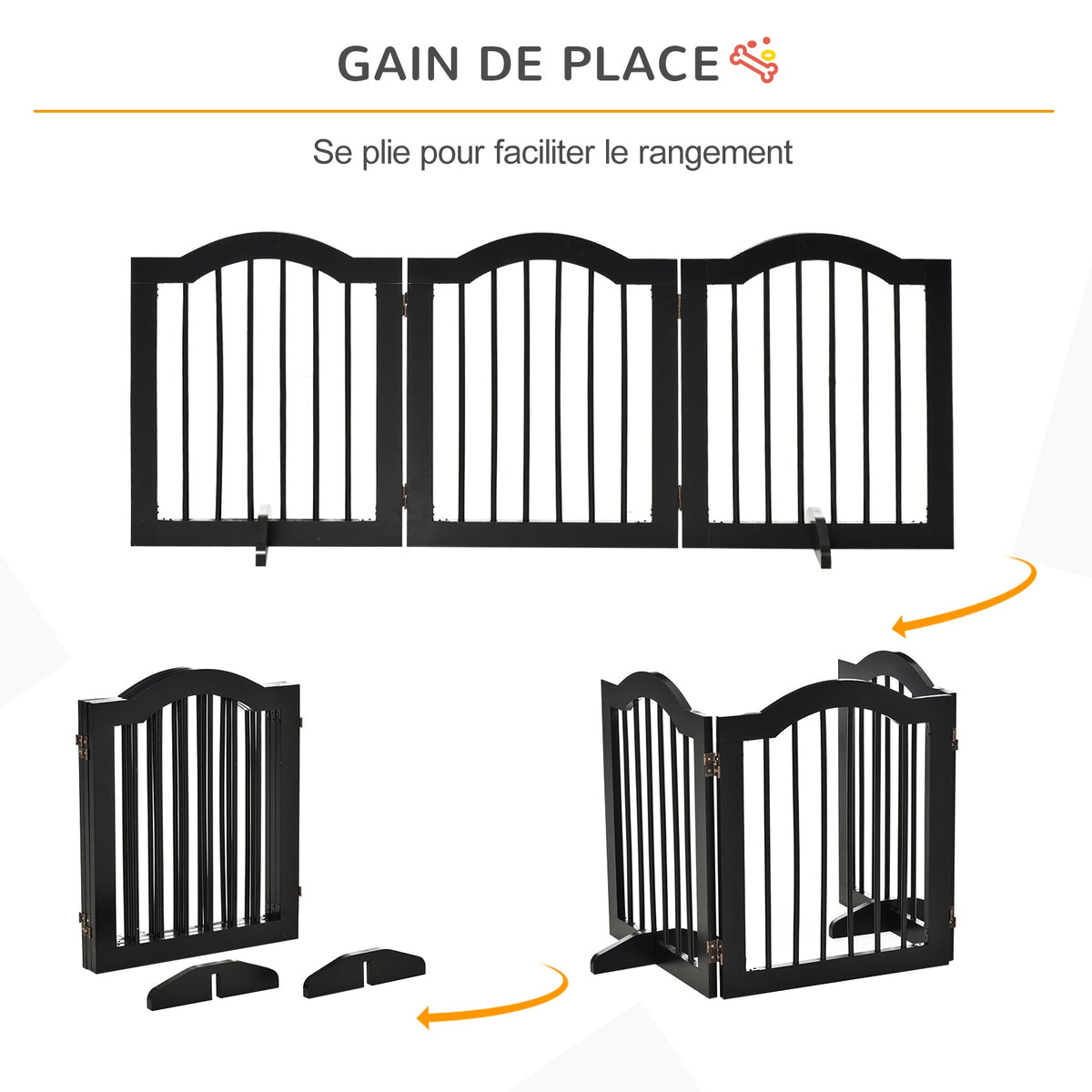 Barrière de sécurité chien barrière modulable pliable pour animaux de compagnie avec pied de support MDF bois massif 154,5 x 61 cm noir - Alma Nova Care