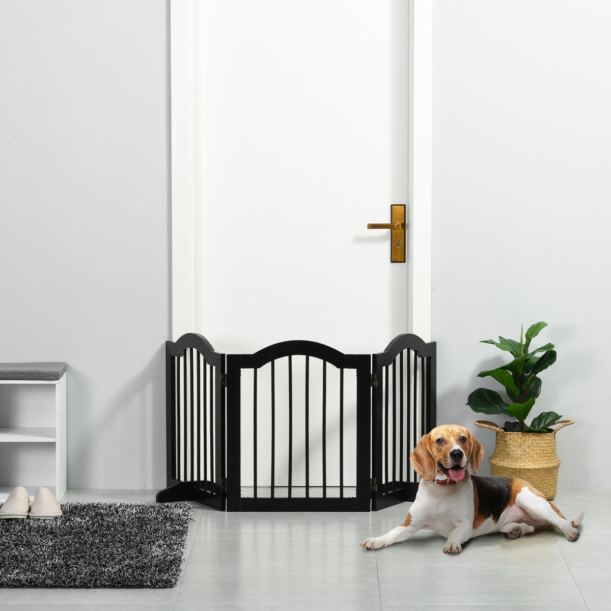 Barrière de sécurité chien barrière modulable pliable pour animaux de compagnie avec pied de support MDF bois massif 154,5 x 61 cm noir - Alma Nova Care