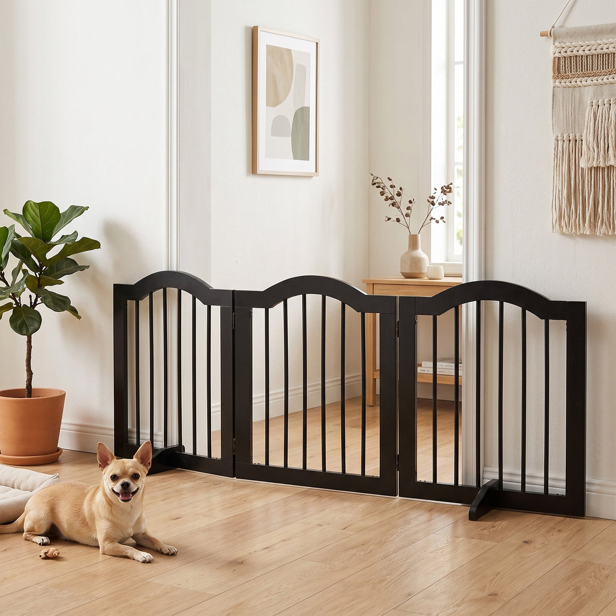 Barrière de sécurité chien barrière modulable pliable pour animaux de compagnie avec pied de support MDF bois massif 154,5 x 61 cm noir - Alma Nova Care