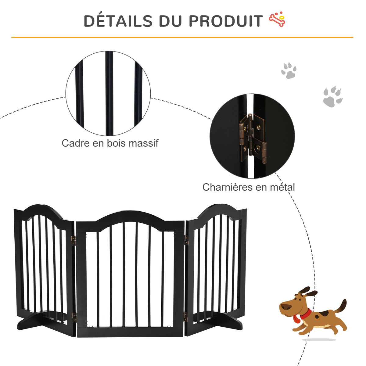 Barrière de sécurité chien barrière modulable pliable pour animaux de compagnie avec pied de support MDF bois massif 154,5 x 61 cm noir - Alma Nova Care