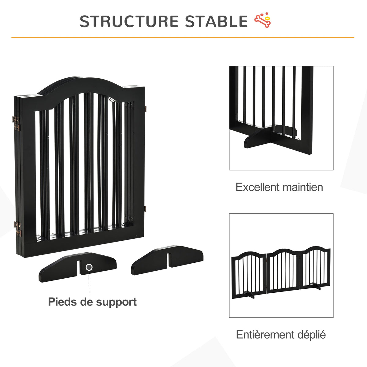 Barrière de sécurité chien barrière modulable pliable pour animaux de compagnie avec pied de support MDF bois massif 154,5 x 61 cm noir - Alma Nova Care