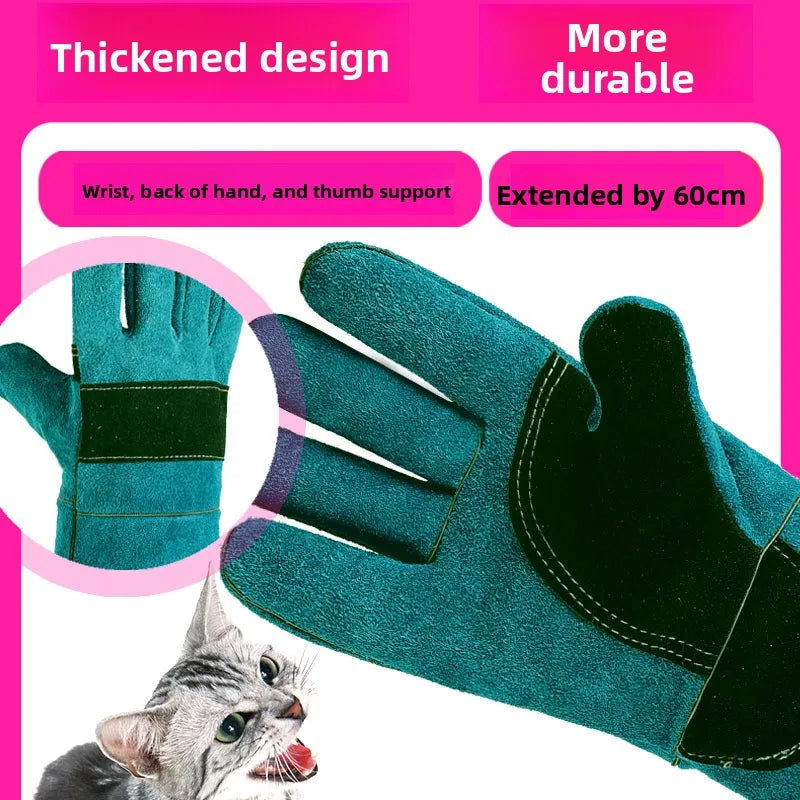 Ultra-lange beschermende handschoenen van leer voor huisdieren, groen, voor een goede grip, anti-bijt, bescherming tegen bijten door honden, katten, reptielen en andere dieren