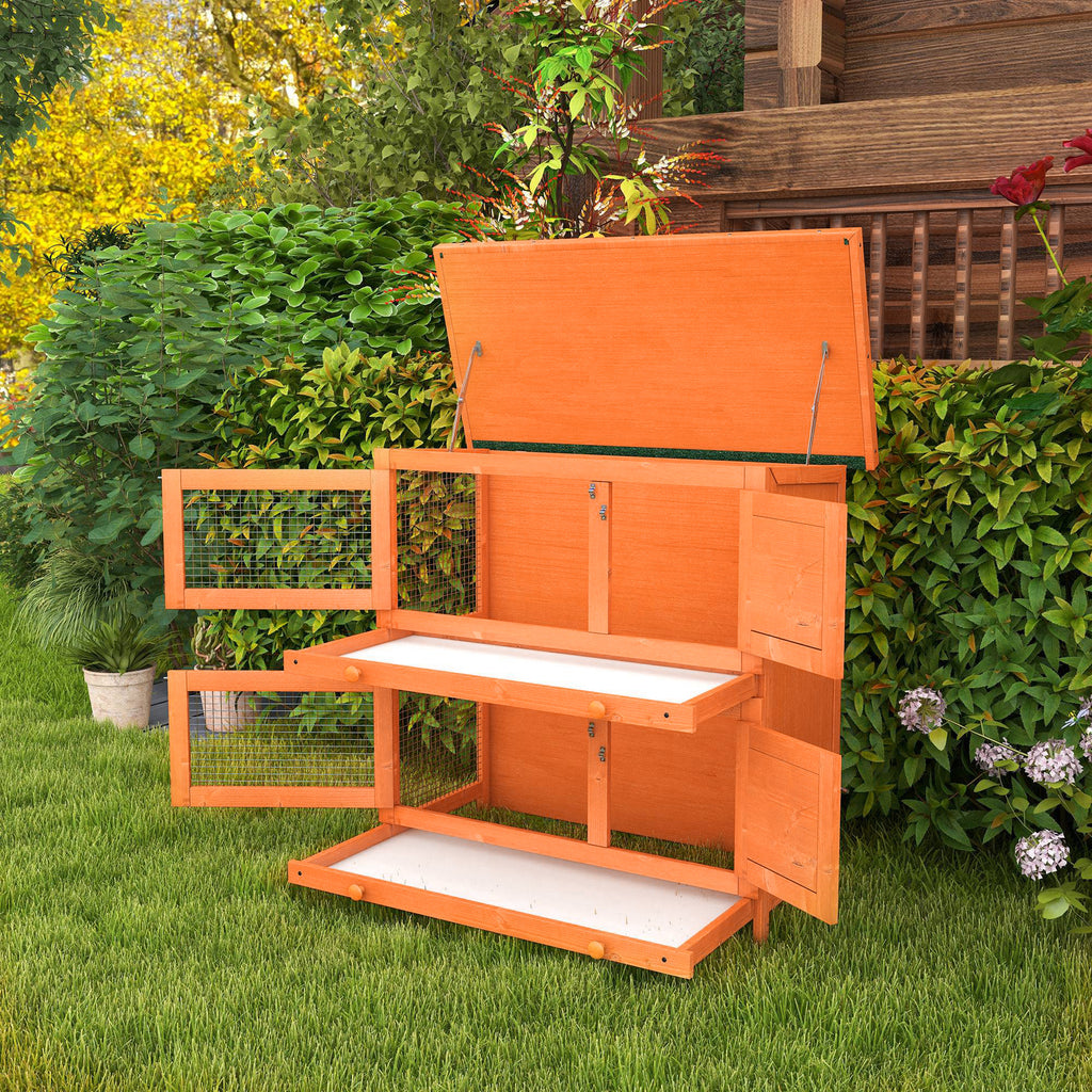 Konijnenhok konijnenkooi dubbel niveau uitschuifbare lades 4 afsluitbare deuren openslaand dak 90L x 45B x 90H cm