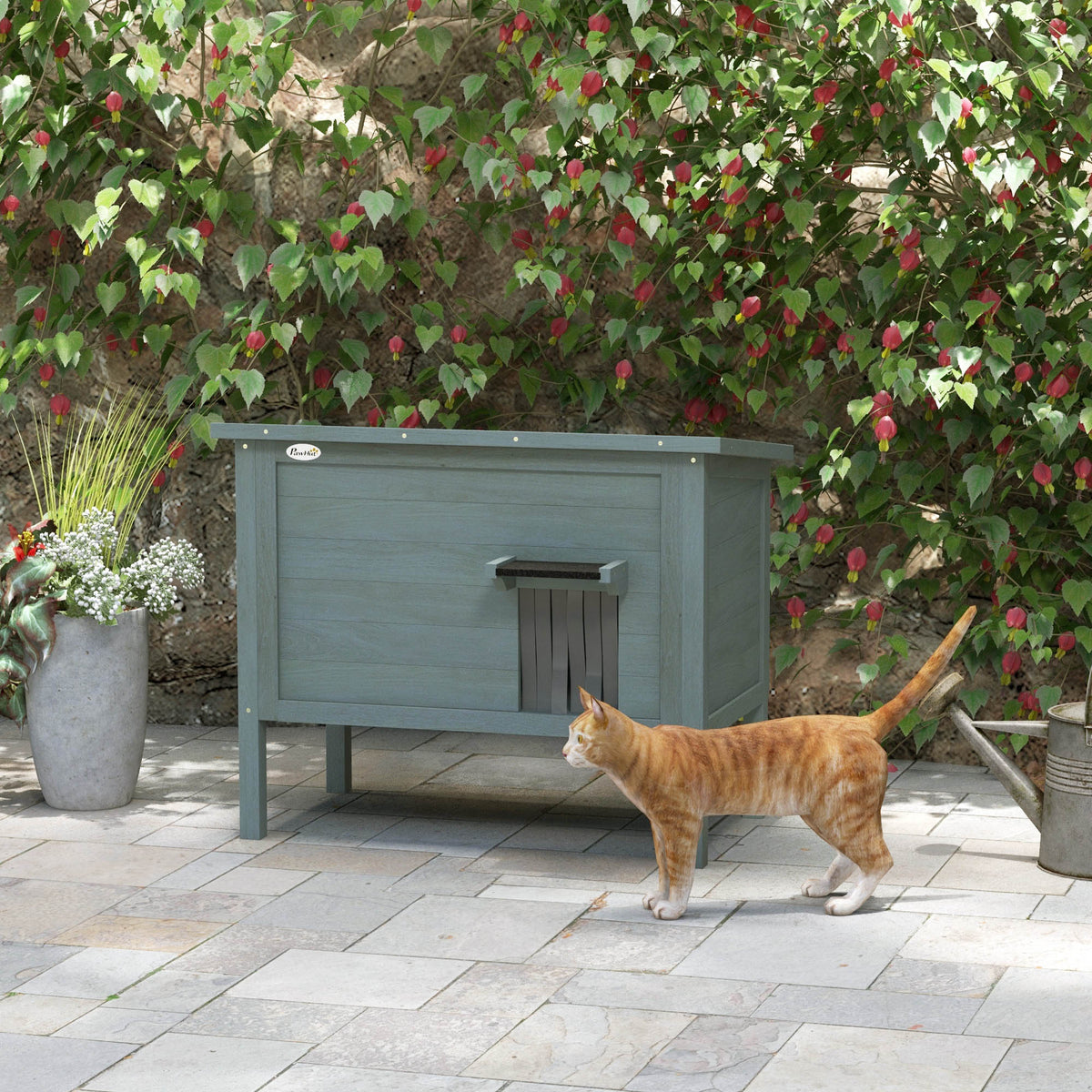 Kattenhuis buitenhok van hout verhoogd met openslaand dak geïsoleerd 85 x 50 x 68,5 cm donkergrijs en zwart