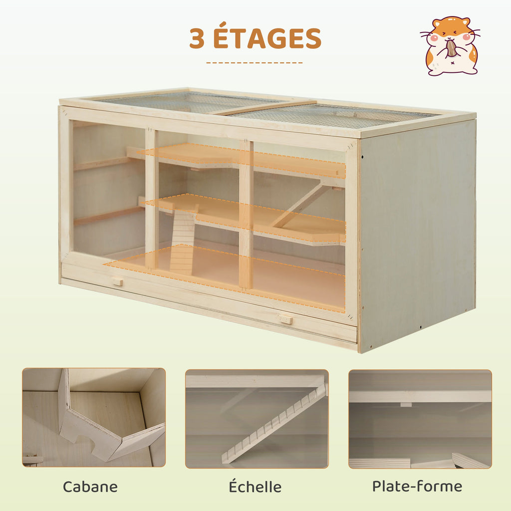 Cage à hamster cage gerbilles 2 niveaux toit ouvrable fenêtres cabane 2 échelle, 115 x 57 x 55 cm, effet bois naturel - Alma Nova Care