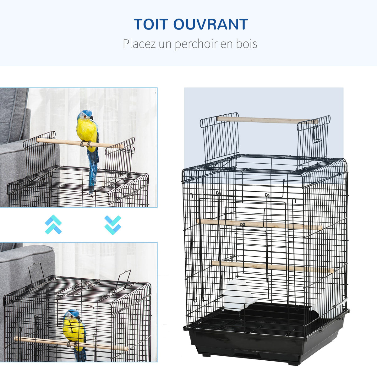 Cage à oiseaux en métal avec mangeoires perchoirs plateau amovible poignée dim. 40L x 40l x 59H cm noir - Alma Nova Care