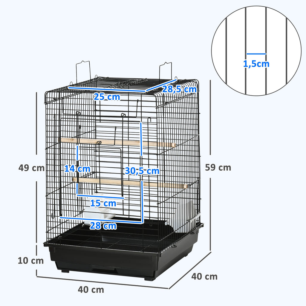 Cage à oiseaux en métal avec mangeoires perchoirs plateau amovible poignée dim. 40L x 40l x 59H cm noir - Alma Nova Care