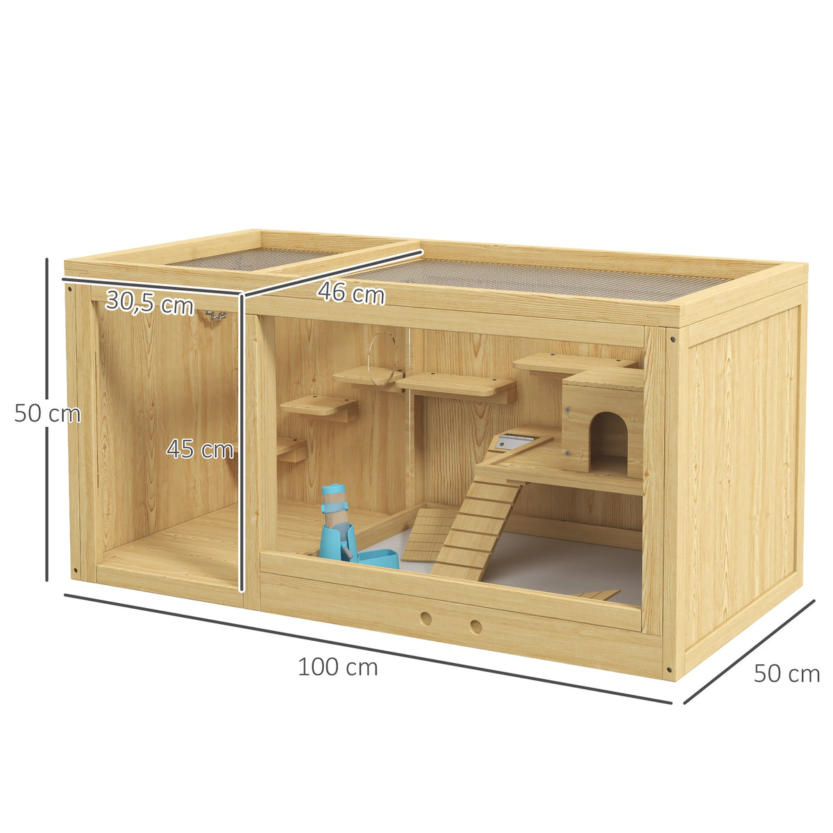 Cage Hamster Habitat pour Rongeurs Souris Plusieurs Niveaux Plateformes Échelle Balançoires 100 x 50 x 50 cm Naturel - Alma Nova Care