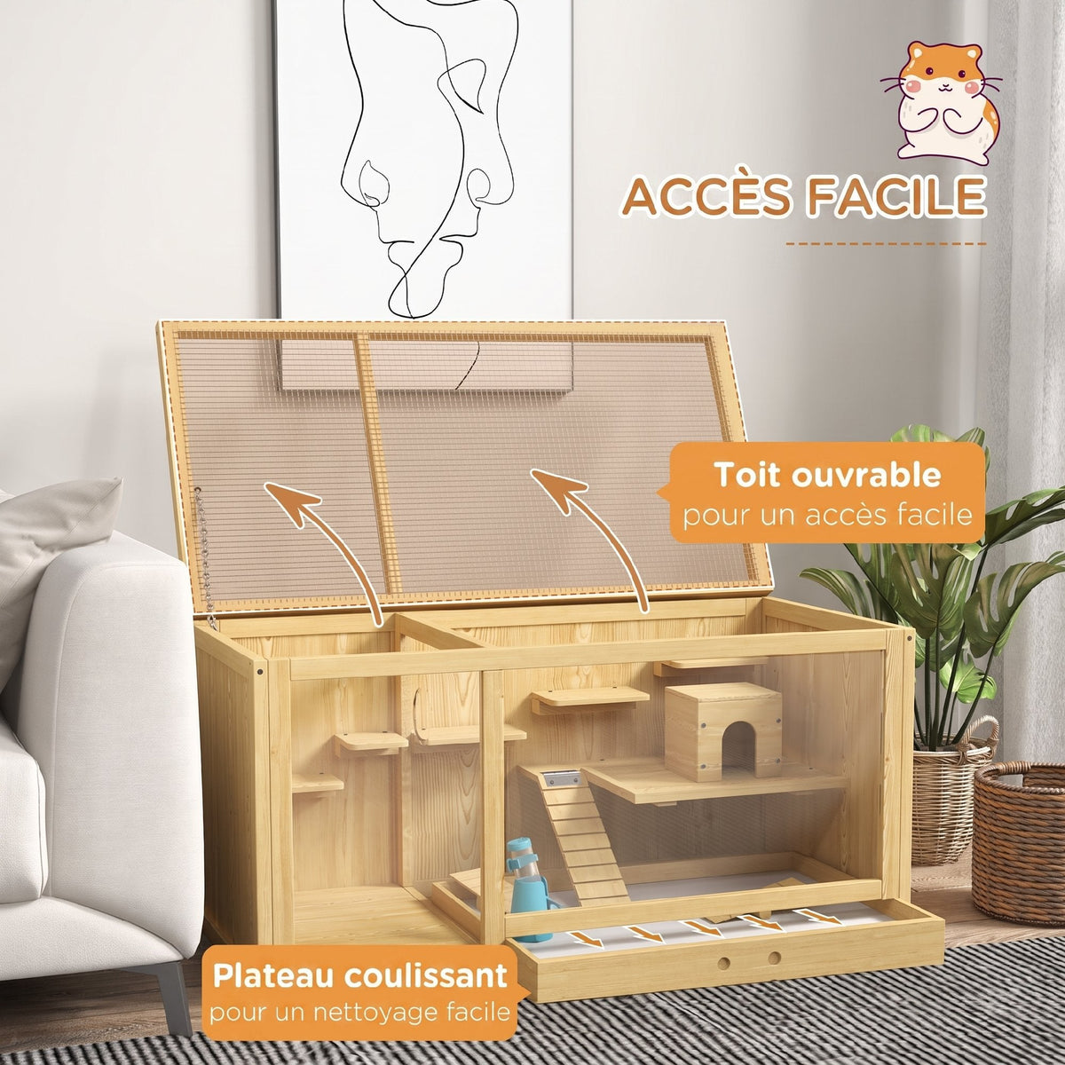 Cage Hamster Habitat pour Rongeurs Souris Plusieurs Niveaux Plateformes Échelle Balançoires 100 x 50 x 50 cm Naturel - Alma Nova Care