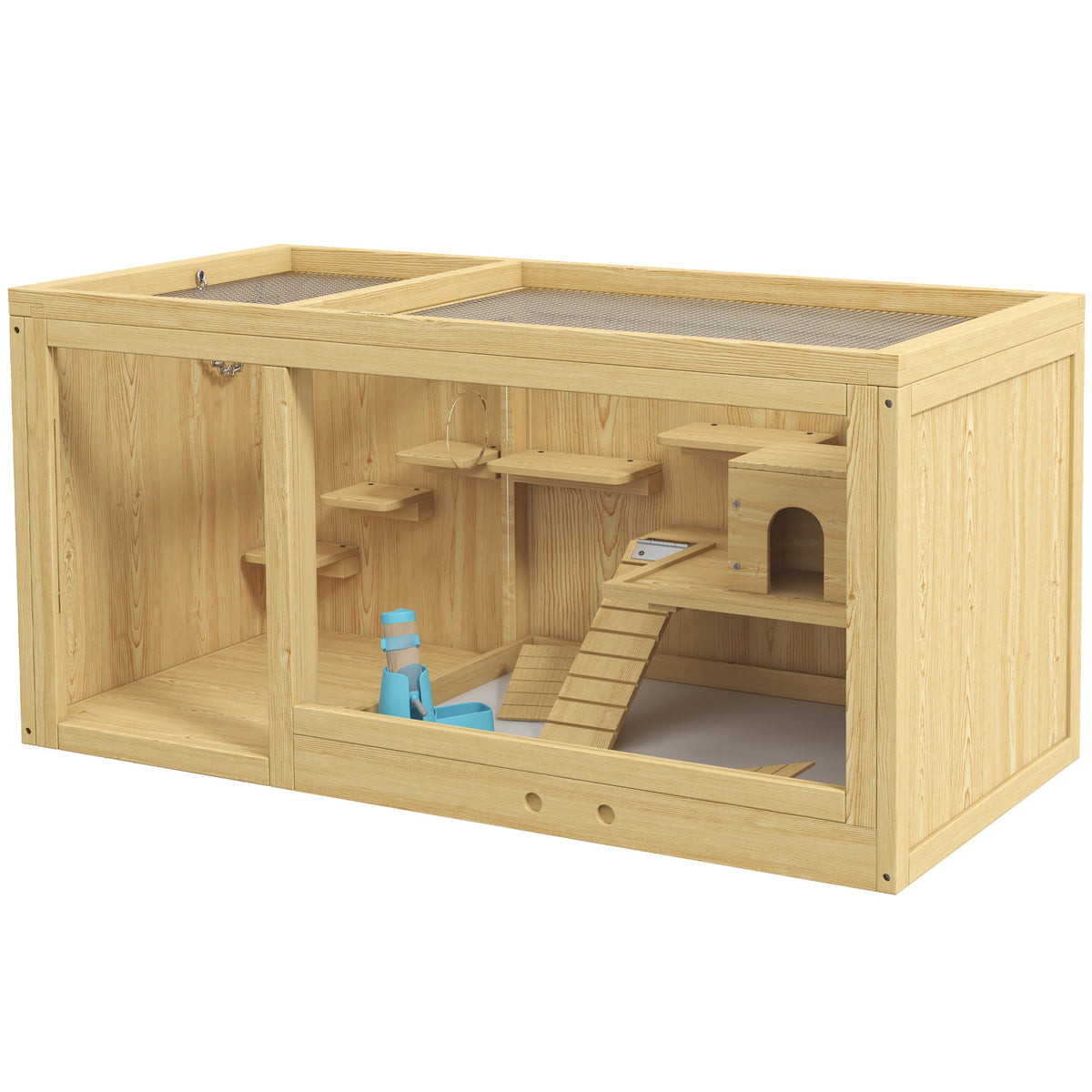 Cage Hamster Habitat pour Rongeurs Souris Plusieurs Niveaux Plateformes Échelle Balançoires 100 x 50 x 50 cm Naturel - Alma Nova Care