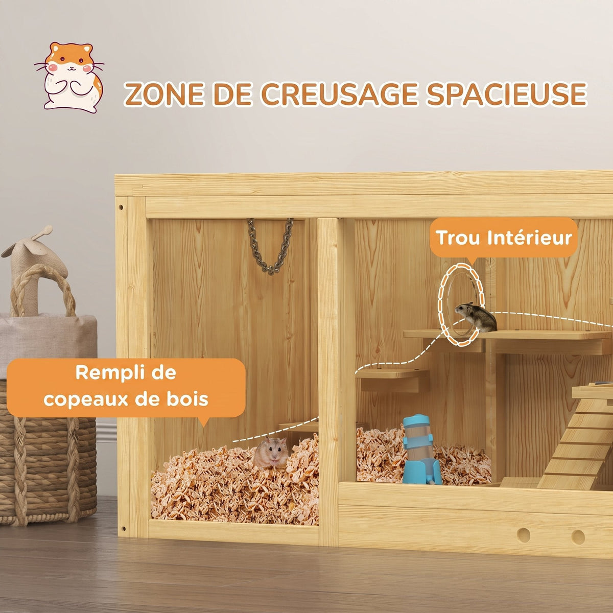 Cage Hamster Habitat pour Rongeurs Souris Plusieurs Niveaux Plateformes Échelle Balançoires 100 x 50 x 50 cm Naturel - Alma Nova Care