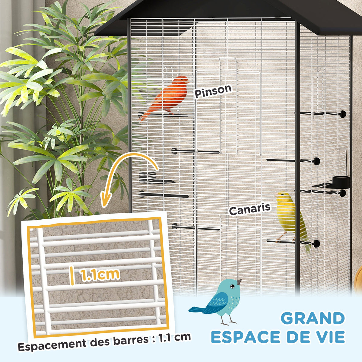 Cage oiseau sur pied volière oiseaux intérieure sur roulettes 2 mangeoires 8 perchoirs 79 x 65 x 155 cm fil d'acier noir - Alma Nova Care
