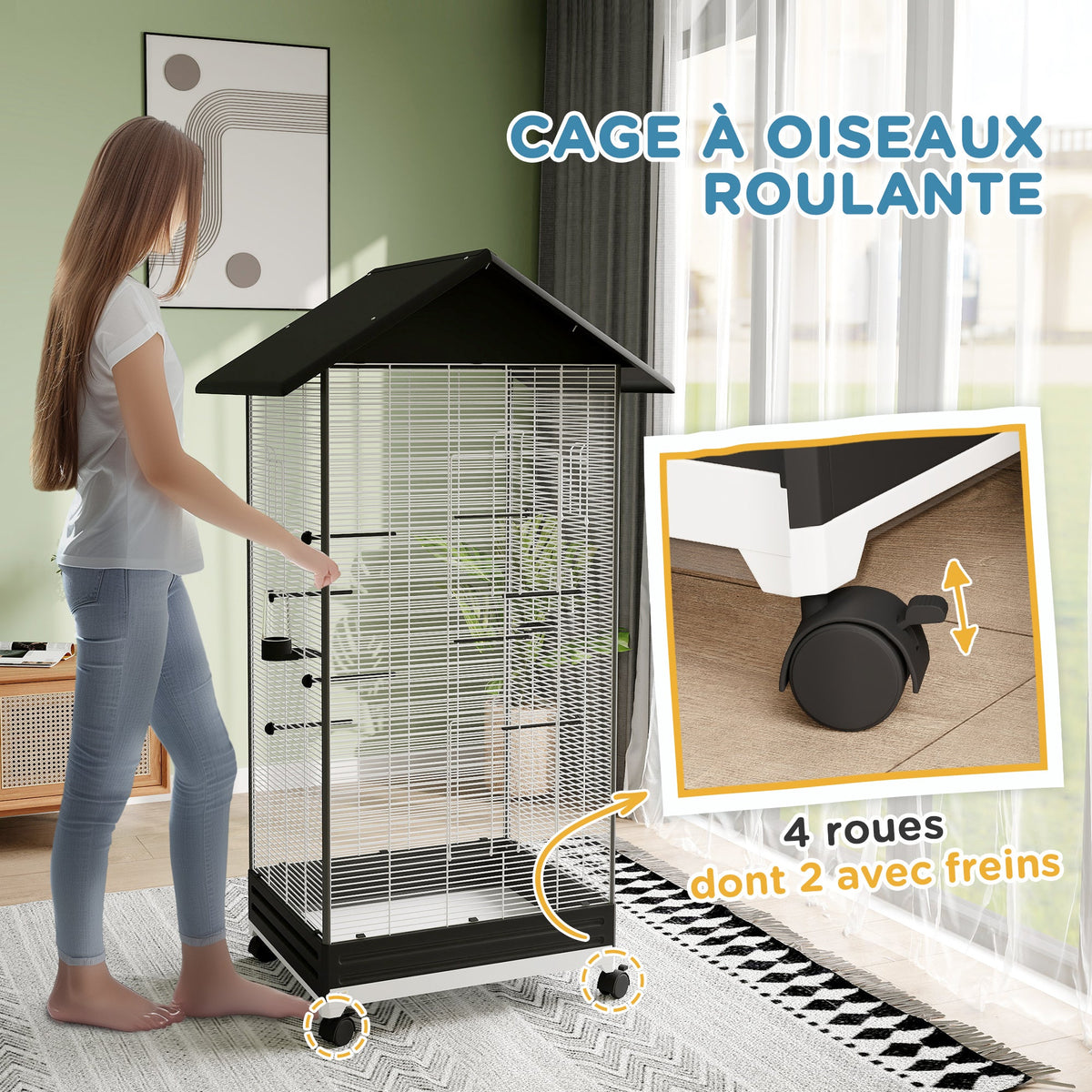 Cage oiseau sur pied volière oiseaux intérieure sur roulettes 2 mangeoires 8 perchoirs 79 x 65 x 155 cm fil d'acier noir - Alma Nova Care