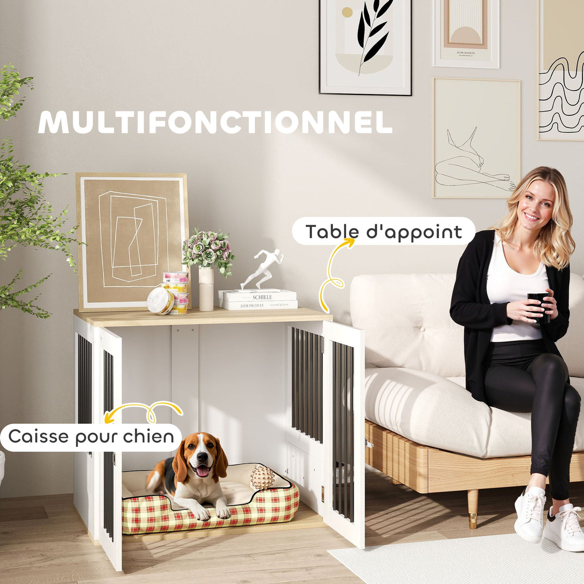 Cage pour chiens, table d'appoint, gamelles amovibles rotatives à 360° 2 portes pour chien moyenne 80x55x71,5cm blanc - Alma Nova Care