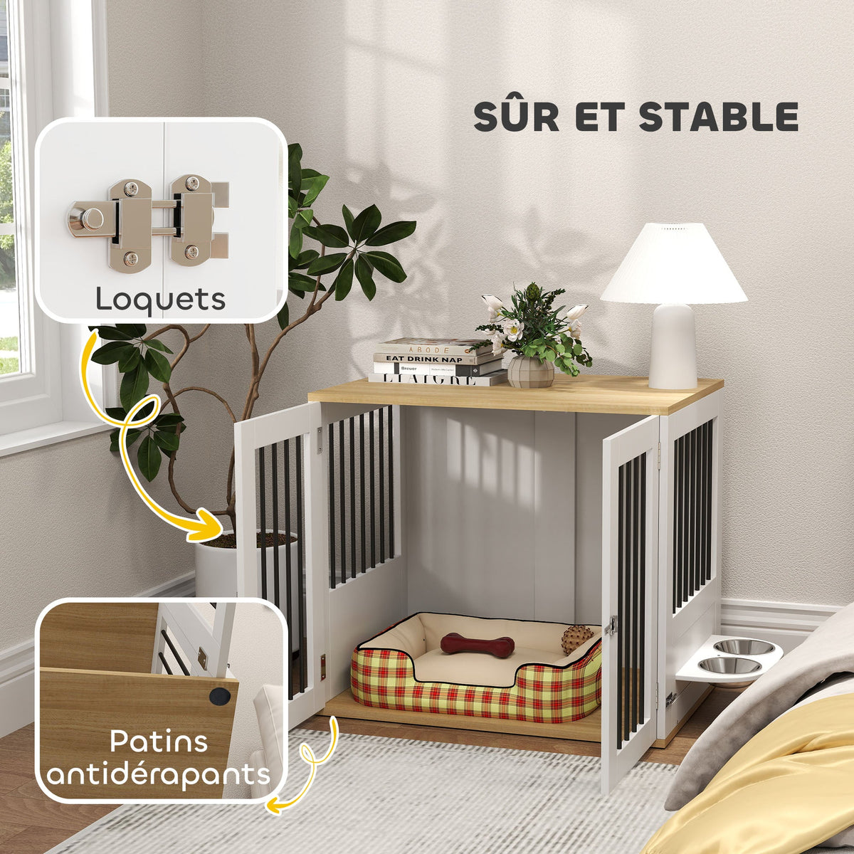 Cage pour chiens, table d'appoint, gamelles amovibles rotatives à 360° 2 portes pour chien moyenne 80x55x71,5cm blanc - Alma Nova Care
