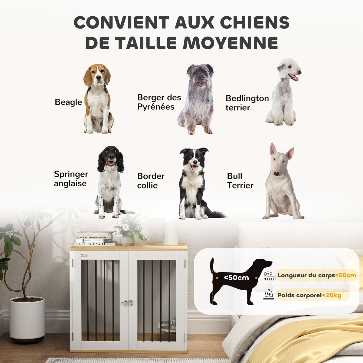 Cage pour chiens, table d'appoint, gamelles amovibles rotatives à 360° 2 portes pour chien moyenne 80x55x71,5cm blanc - Alma Nova Care