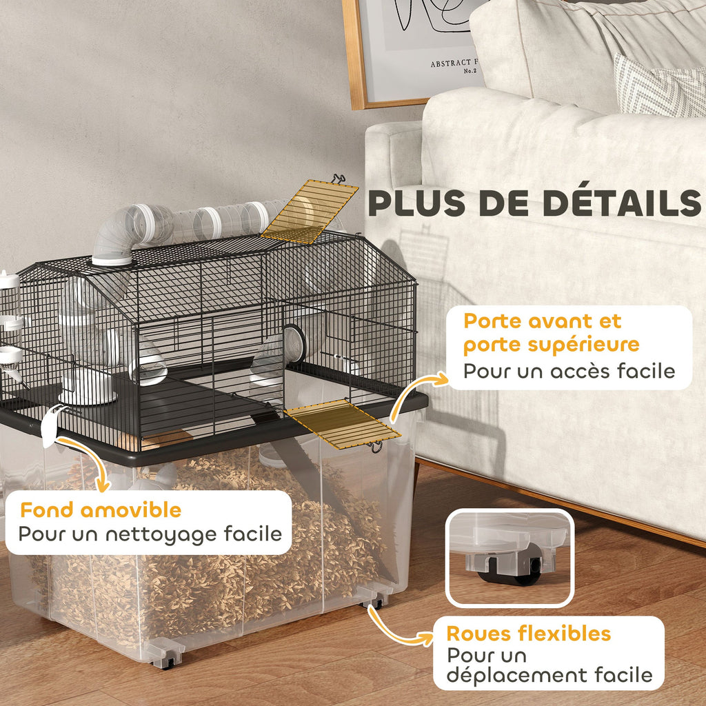 Cage pour hamster portable cage pour hamster avec rampe, gamelle, bouteille d'eau système de tuyaux 58 x 43 x 57 cm noir - Alma Nova Care