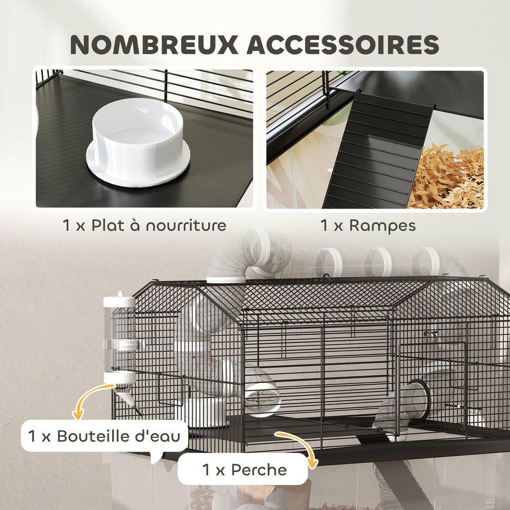 Cage pour hamster portable cage pour hamster avec rampe, gamelle, bouteille d'eau système de tuyaux 58 x 43 x 57 cm noir - Alma Nova Care