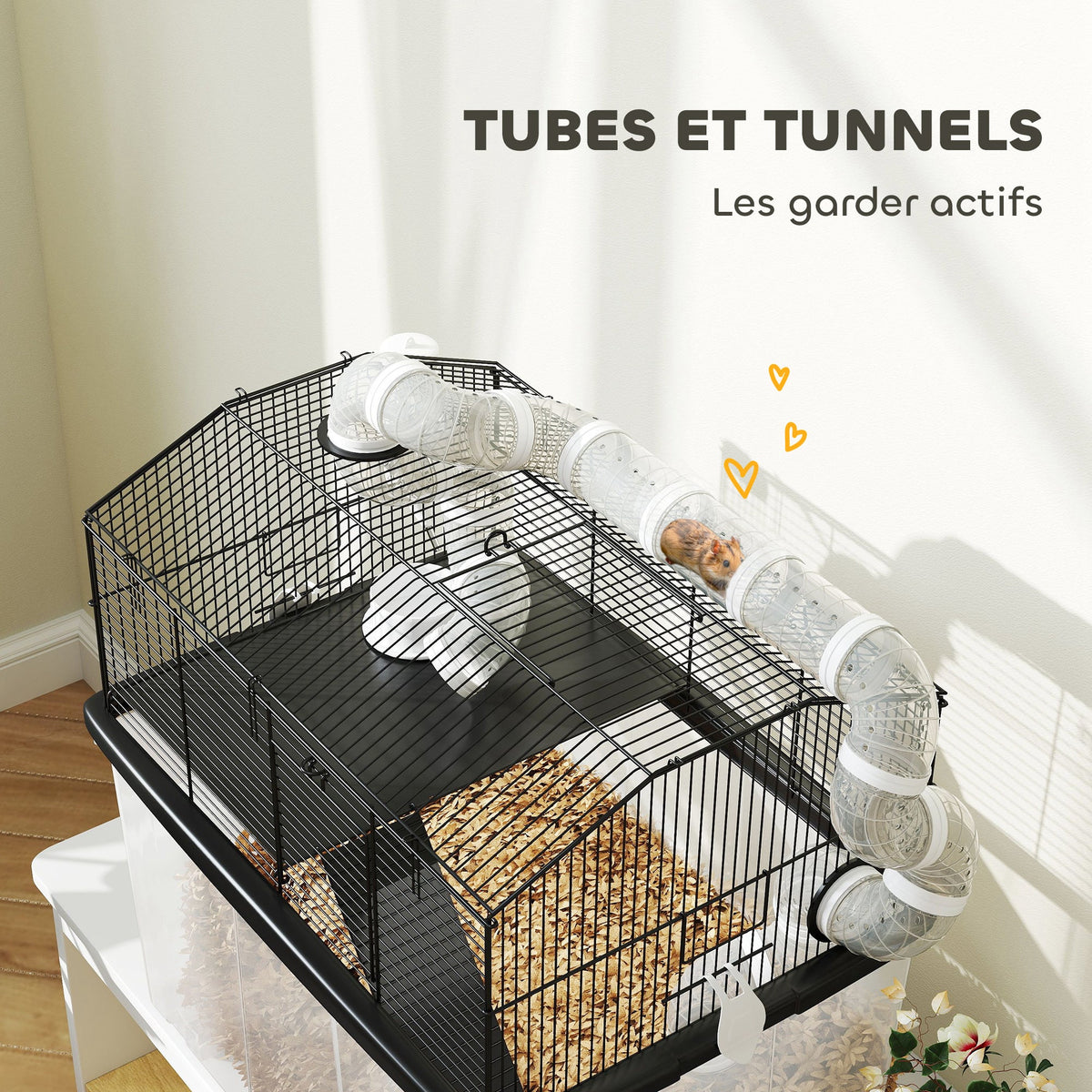 Cage pour hamster portable cage pour hamster avec rampe, gamelle, bouteille d'eau système de tuyaux 58 x 43 x 57 cm noir - Alma Nova Care