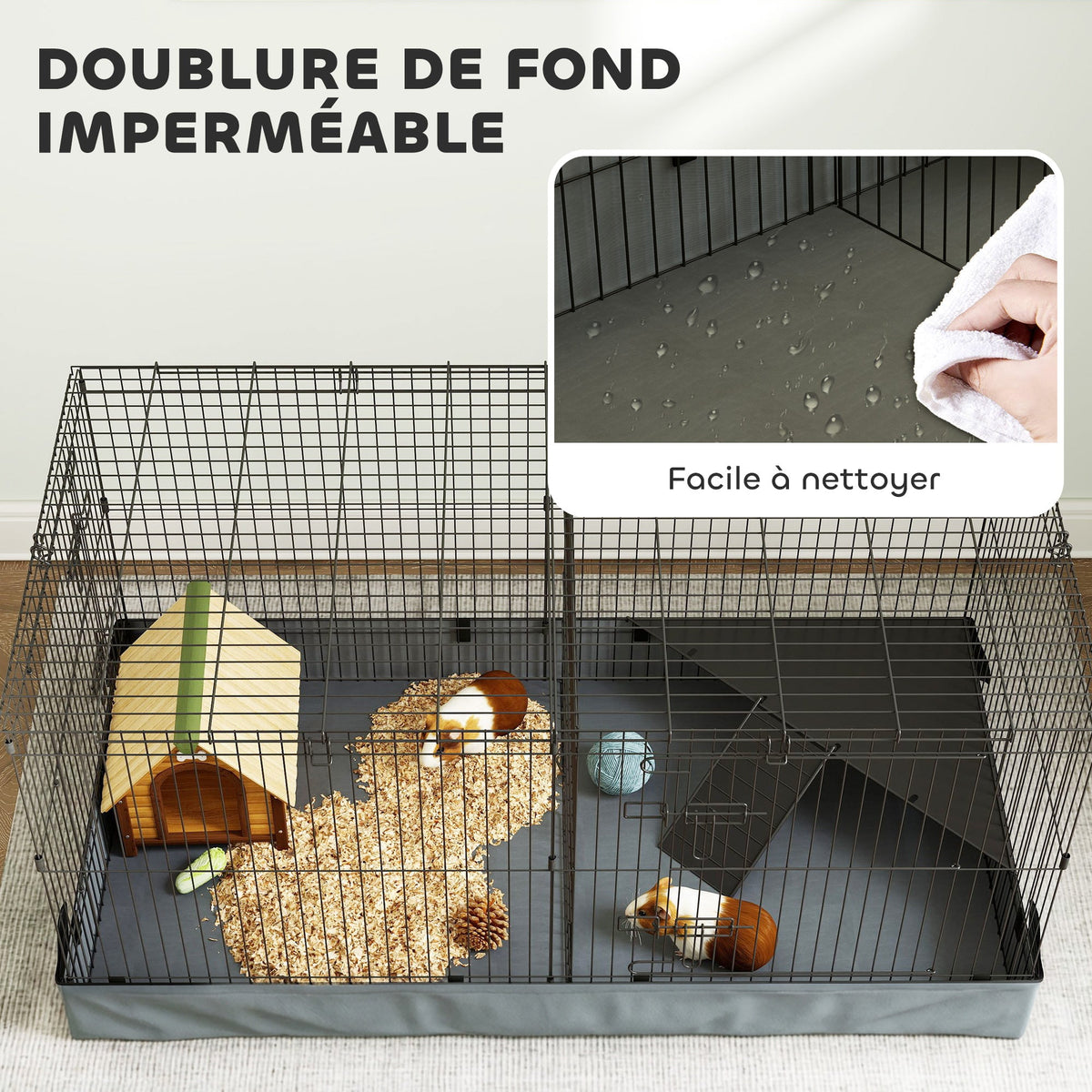 Cage pour petits animaux 2 en 1 avec dessus amovible enclos lapin 2 zones séparées rampe 121 x 61 x 61 cm en acier noir - Alma Nova Care
